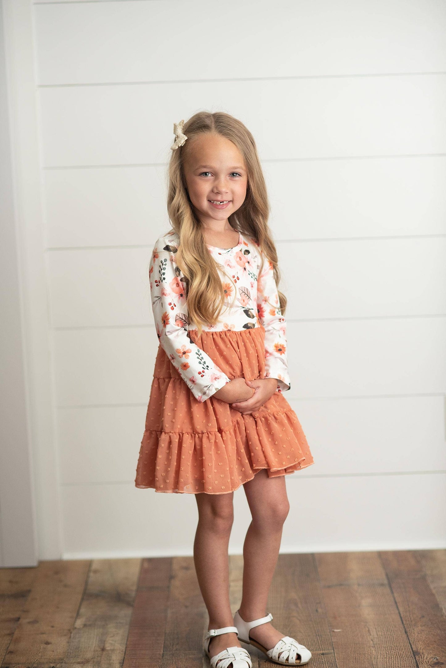 Rust Floral Print Swiss Dot Tulle Fall Autumn Dress