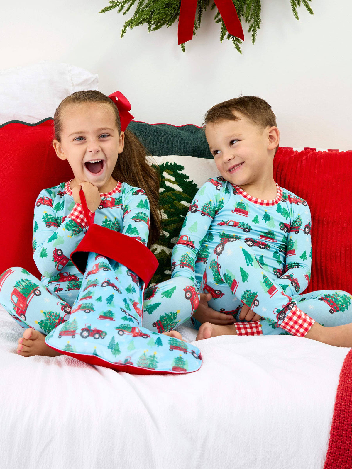 SoftSnooze™ Kids Bamboo Viscose Christmas Tree Farm Trucks Long Sleeve Pajama Set