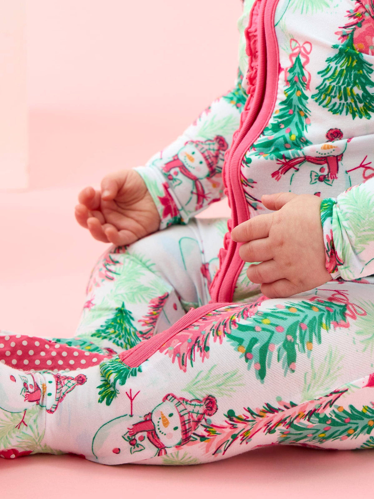 SoftSnooze™ Baby Girls Bamboo Viscose Pink Snowman Grove Footed Ruffle One Piece Pajama