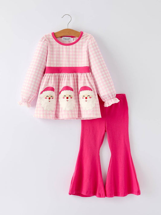 Christmas Santa Applique Striped Girls Set with Red Ruffle Trim