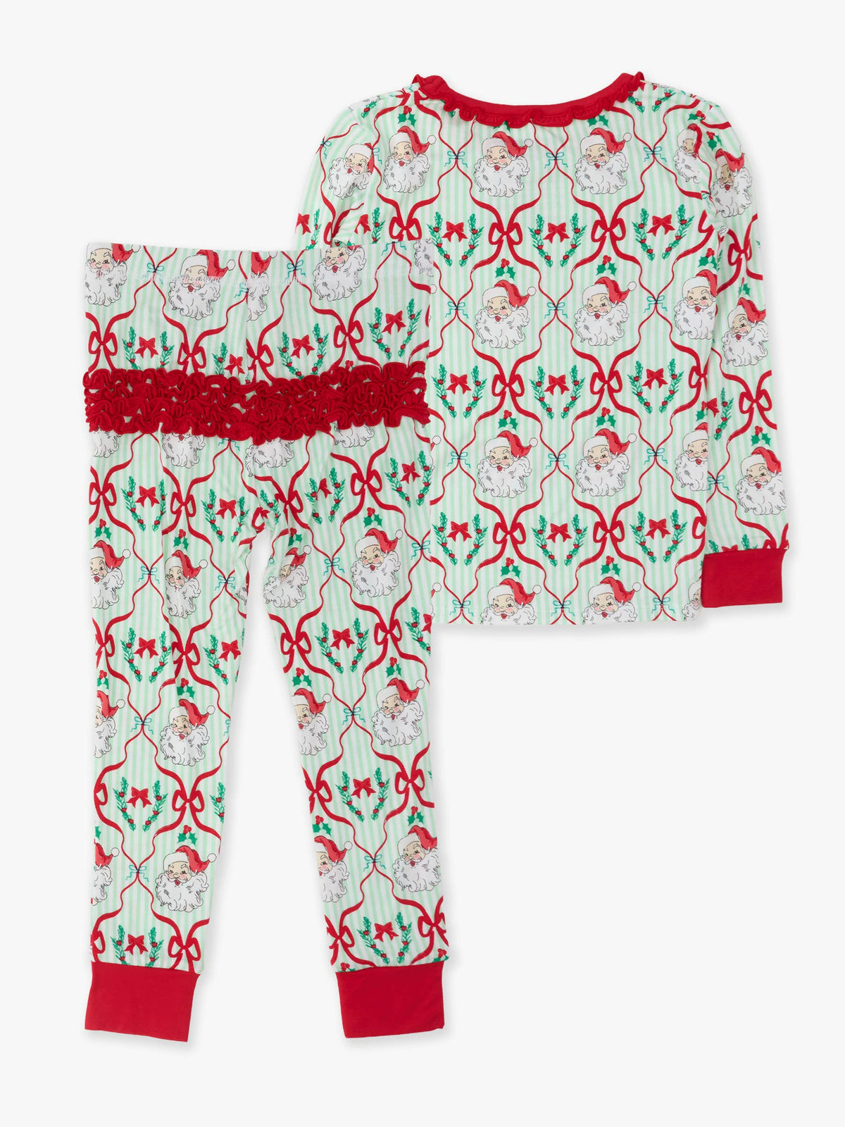 SoftSnooze™ Toddler Girls Bamboo Viscose Dear Santa Green Stripe Christmas Ruffle Long Sleeve Pajama Set with Signature Rear Ruffles