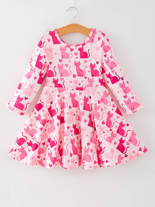 Pink Cat Dress – Long Sleeve Heart Print Outfit