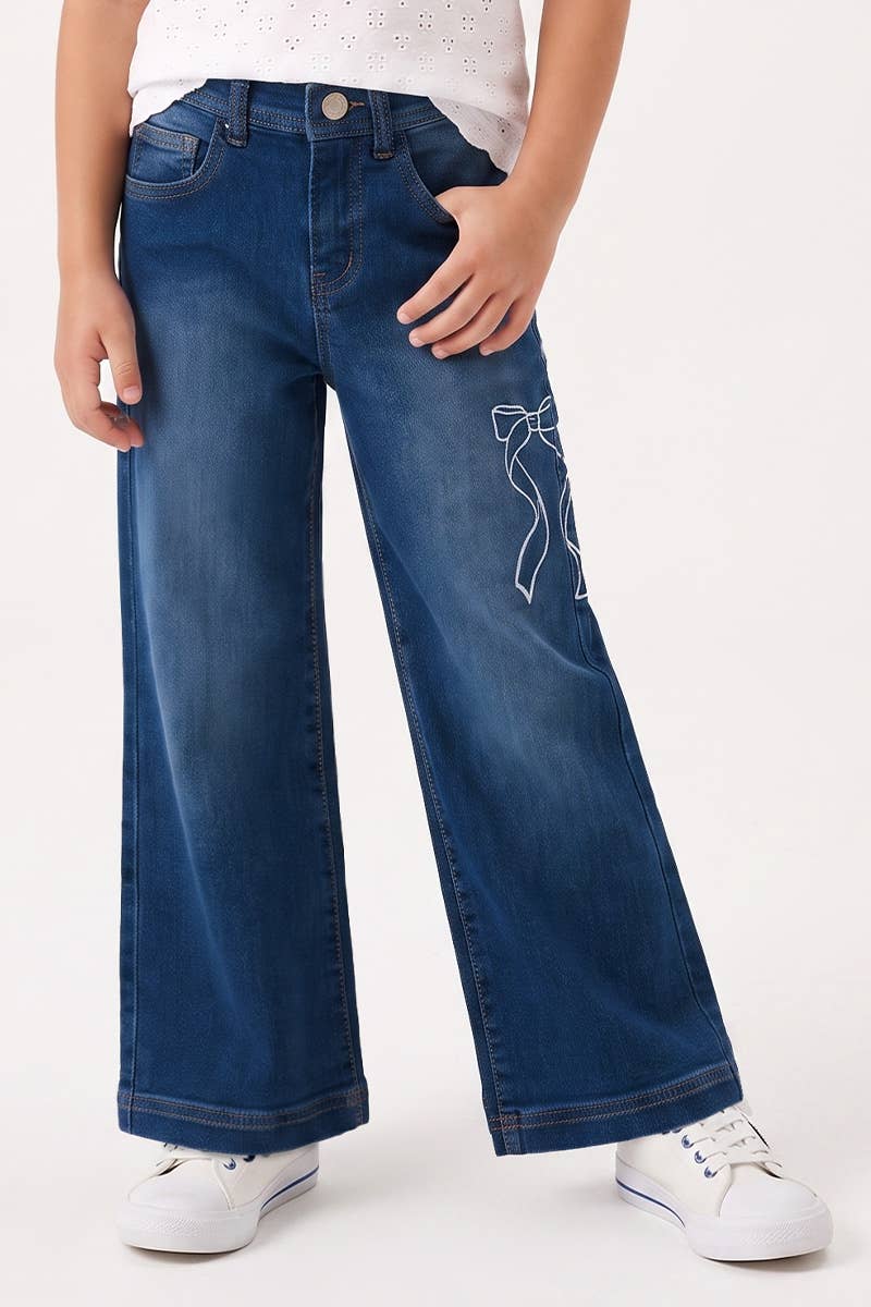 Girl's Wide Leg Denim Jean w/ Bow Embroidery