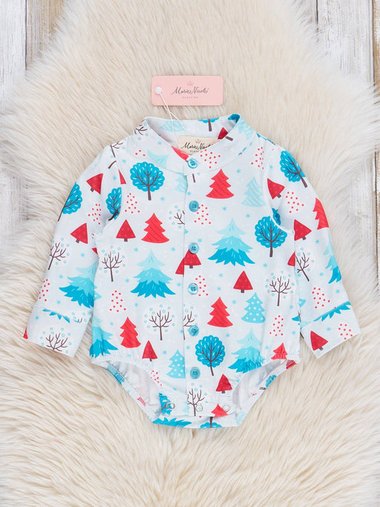 Teal & Red Tree Farm Button-Up Romper