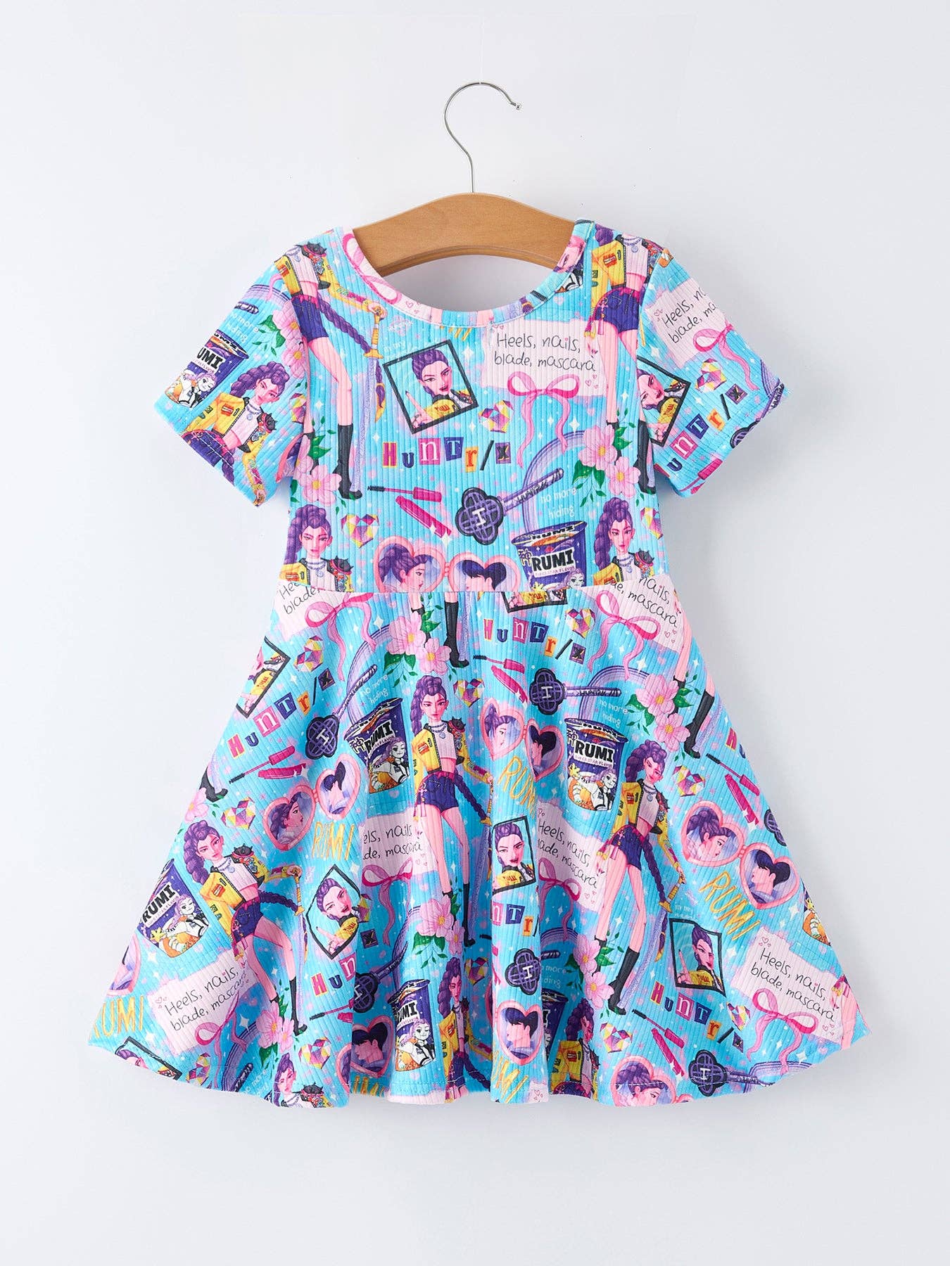 Blue Summer Pop Star Print Girl Twirly Dress Cotton Blend