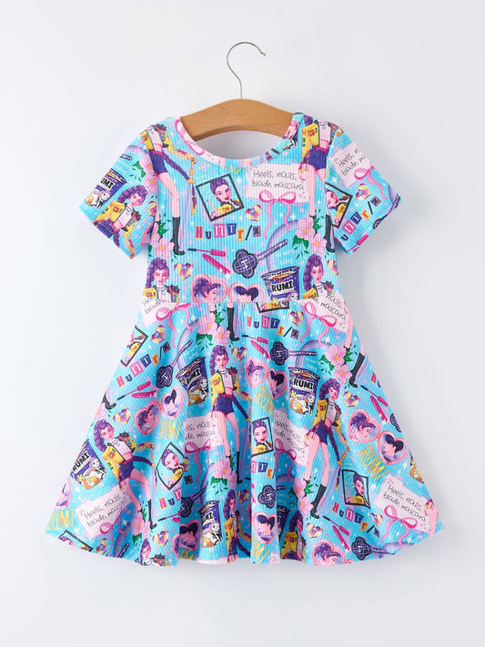 Blue Summer Pop Star Print Girl Twirly Dress Cotton Blend