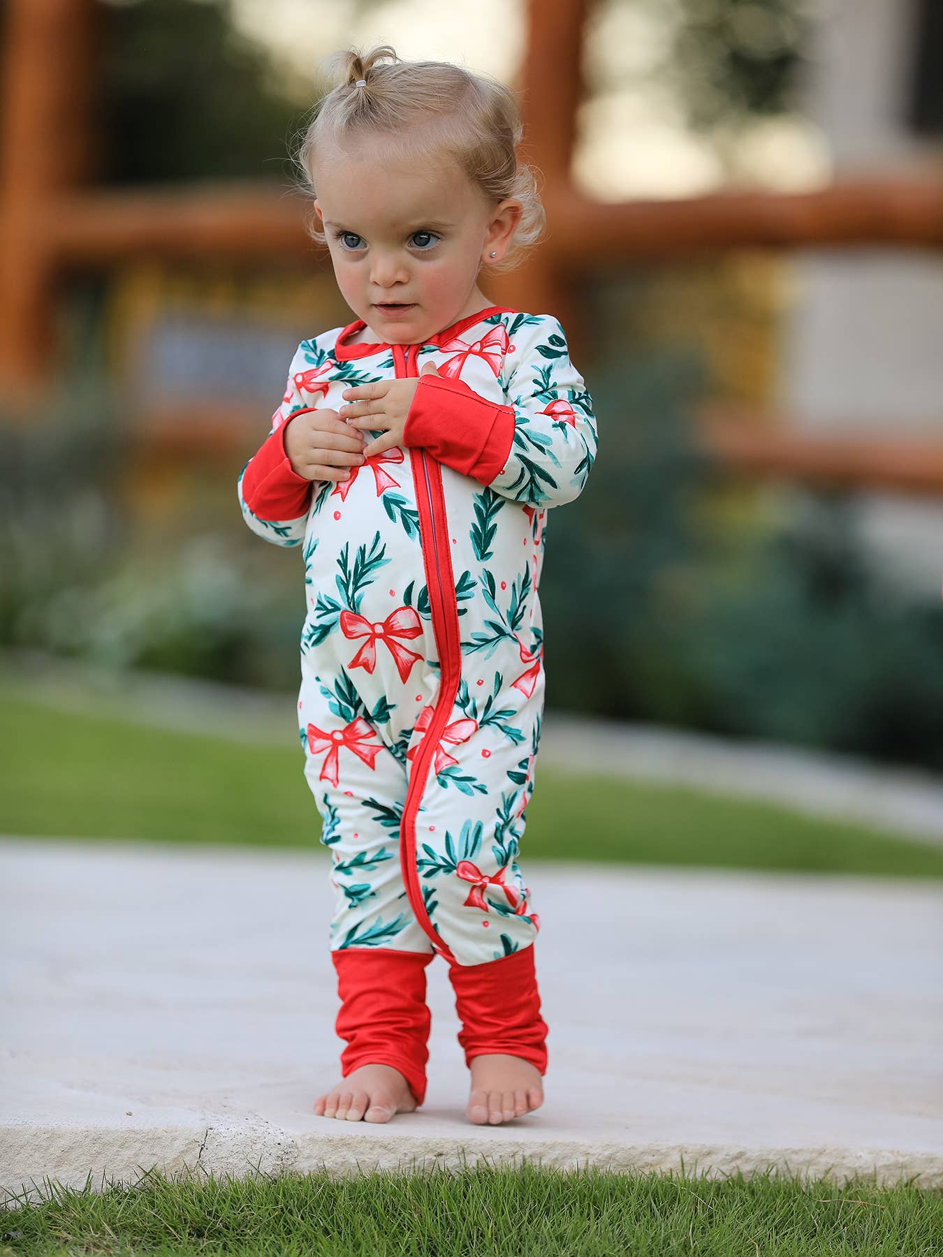Christmas Bow and Holly Print Pajama Girls Romper
