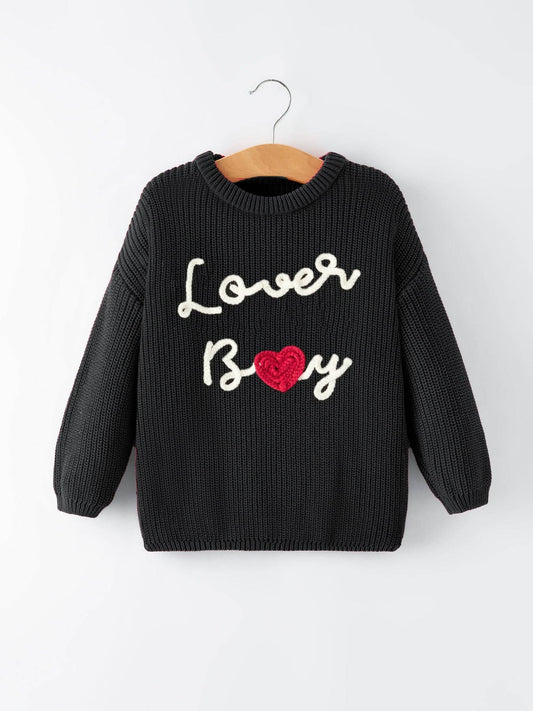 Valentine’s Day Boys Black Knitted Pullover Sweater with White "Lover Boy"  Embroidery