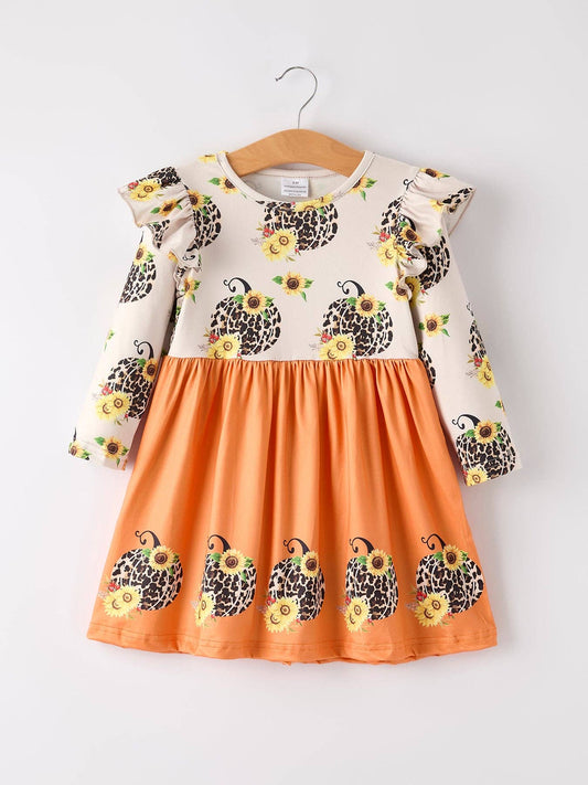 Pumpkin Leopard Floral Print Girls Dress