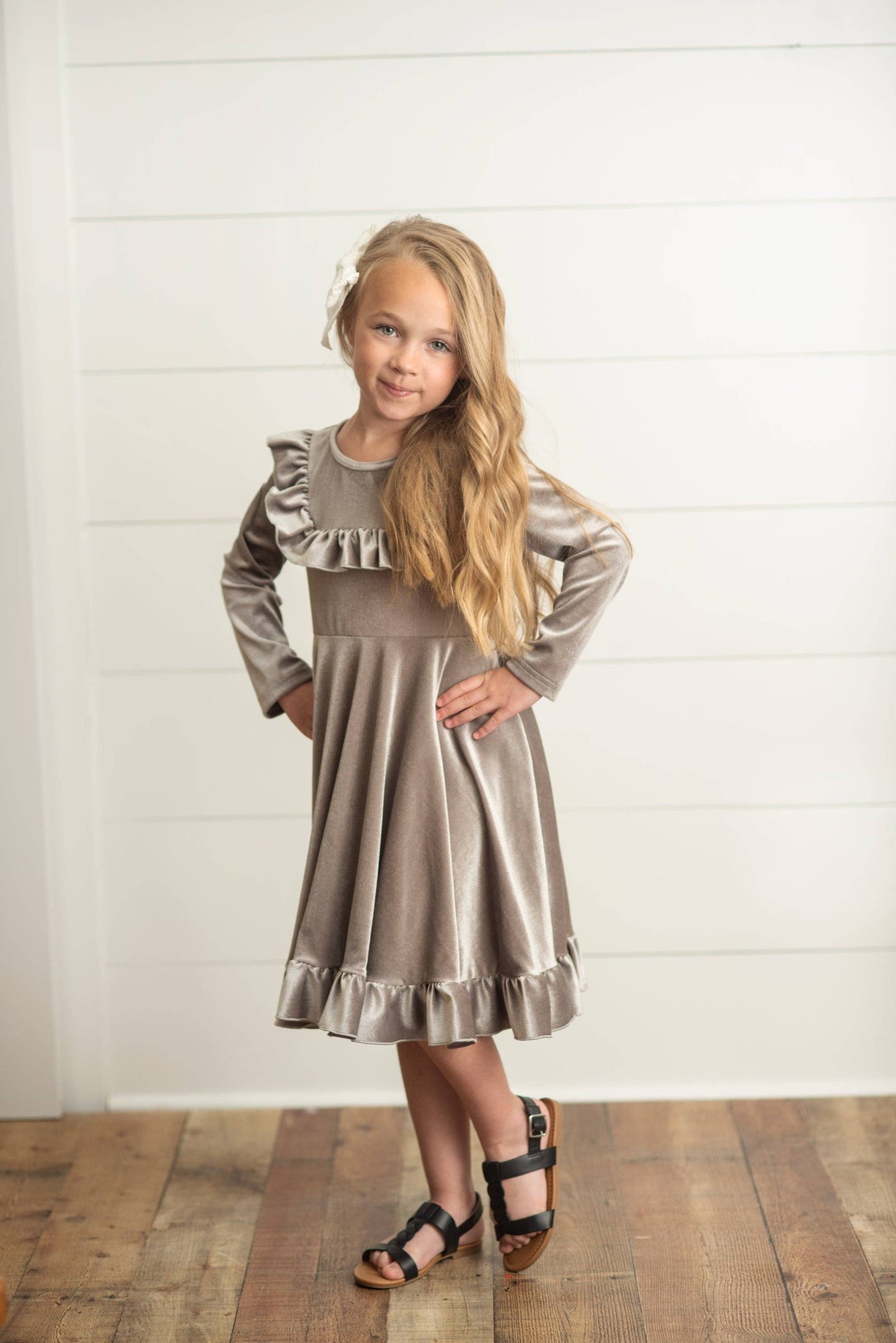 Gray Silver Velvet Ruffle Fancy Christmas Party Dress