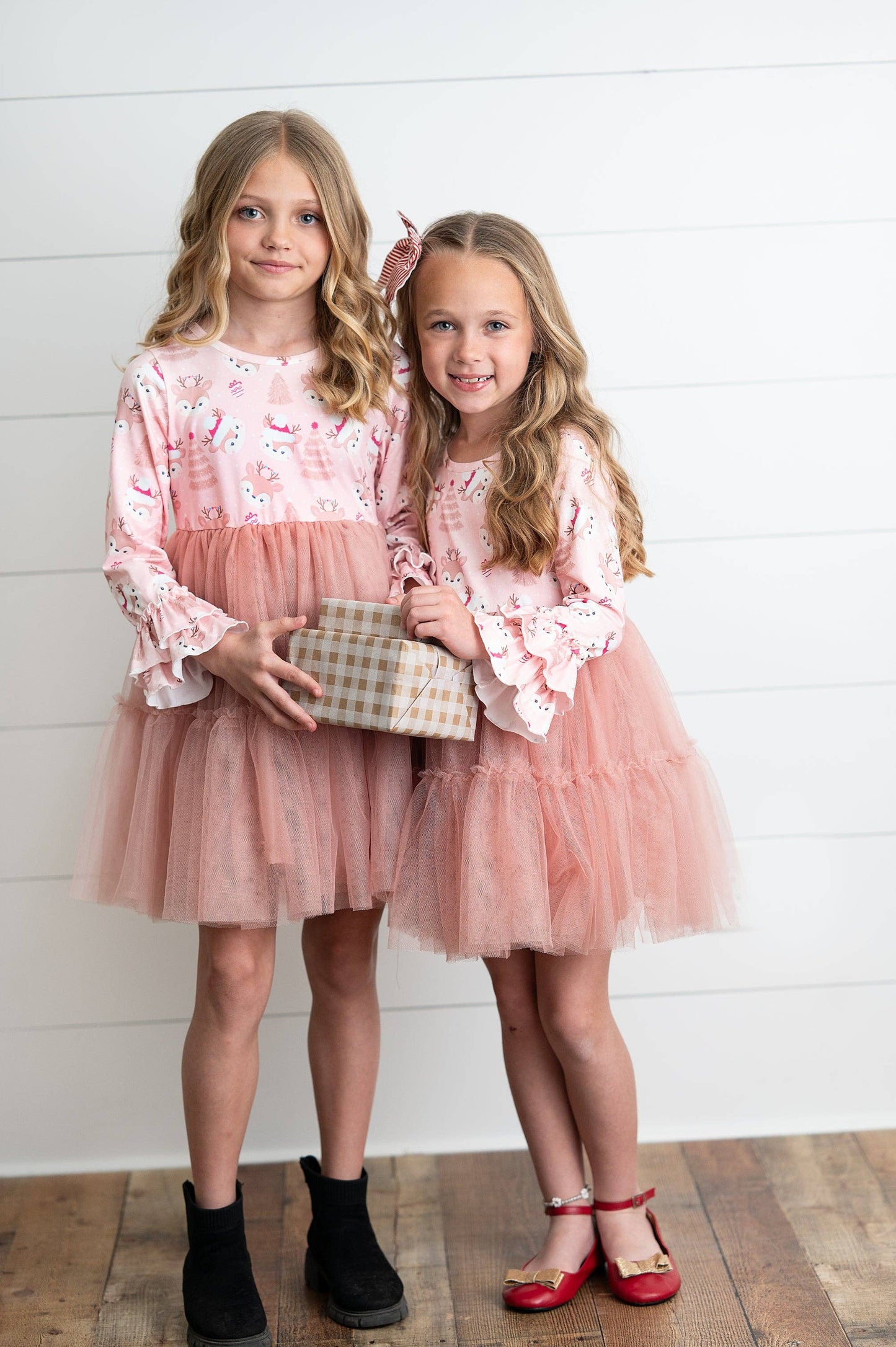 Pink Reindeer Tulle Ruffle Sleeve Holiday Dress