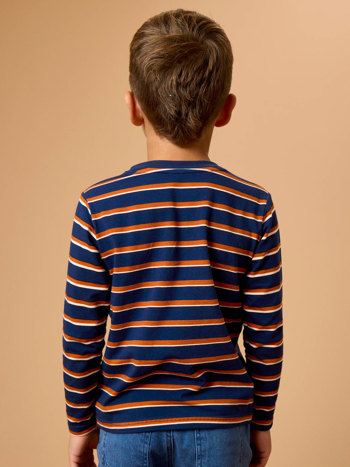 Boys Dark Navy & Rust Stripe Knit Long Sleeve Henley Tee
