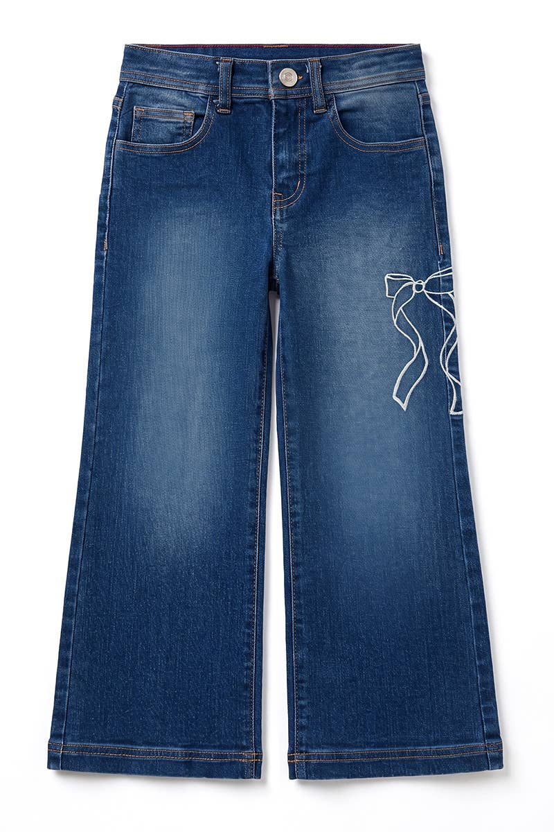 Girl's Wide Leg Denim Jean w/ Bow Embroidery