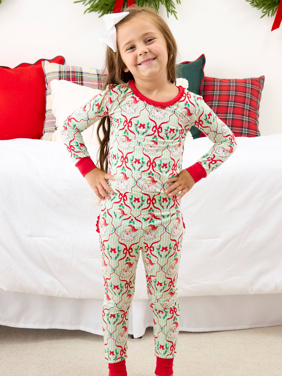 SoftSnooze™ Toddler Girls Bamboo Viscose Dear Santa Green Stripe Christmas Ruffle Long Sleeve Pajama Set with Signature Rear Ruffles
