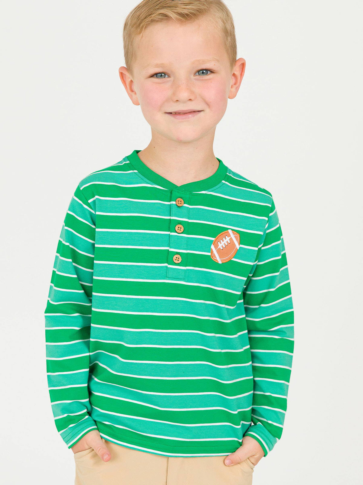 Boys Varsity Football Green Stripe Knit Long Sleeve Embroidered Henley Tee