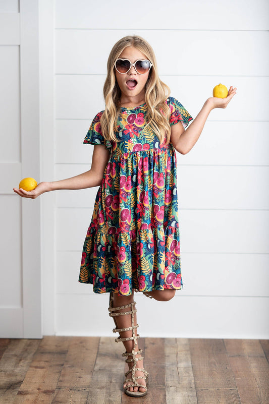 Kids Emmy Bold Tropical Flutter Sleeve Twirl Spring Dress