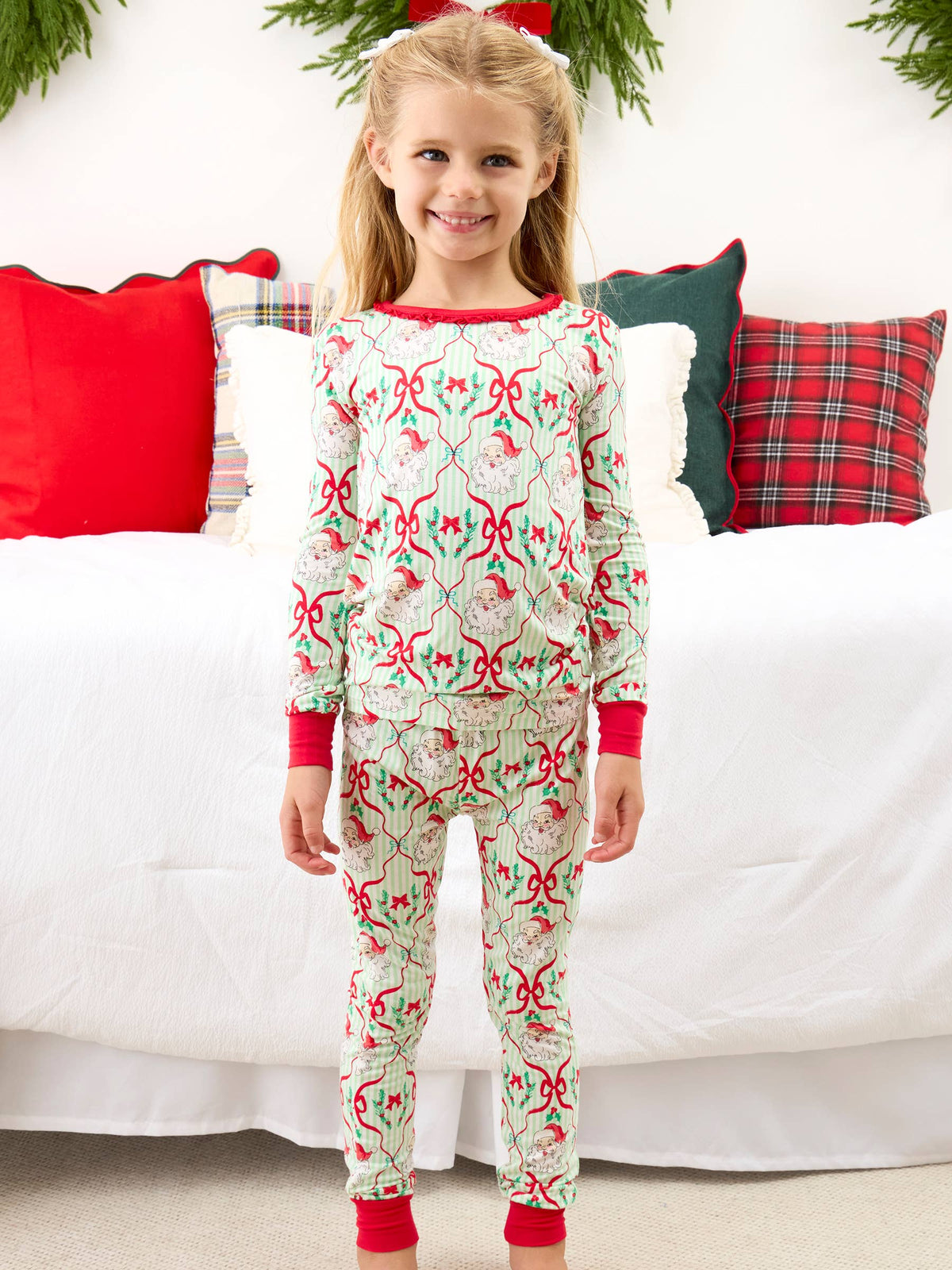 SoftSnooze™ Girls Bamboo Viscose Dear Santa Green Stripe Christmas Ruffle Long Sleeve Pajama Set