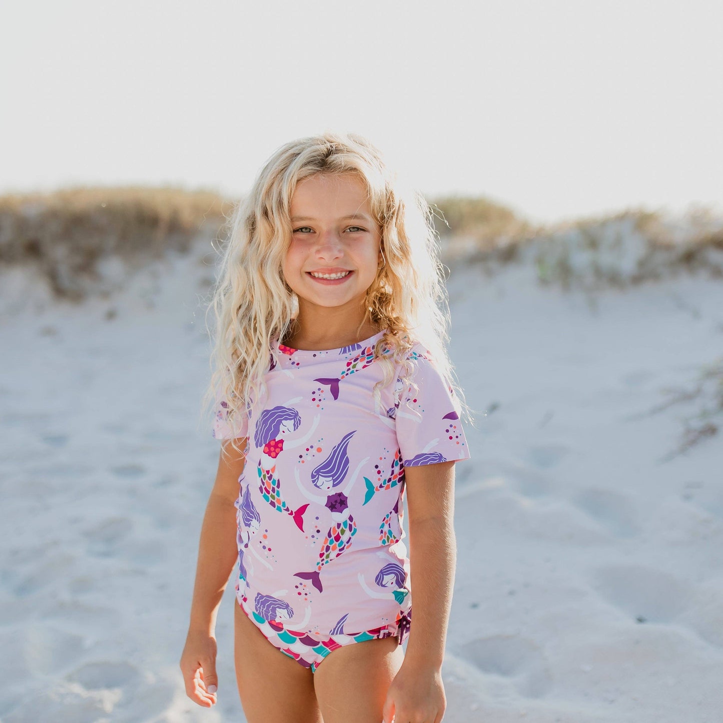 Kids Purple Mermaid Rash Guard Ruffle Bottom Swimsuit