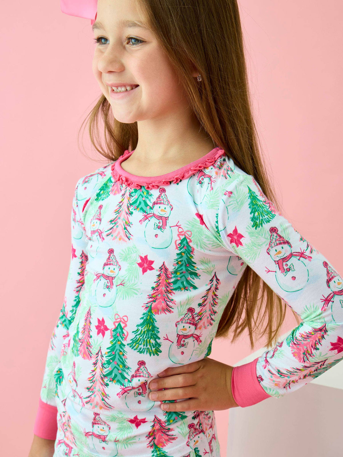 SoftSnooze™ Girls Bamboo Viscose Pink Snowman Grove Ruffle Long Sleeve Pajama Set