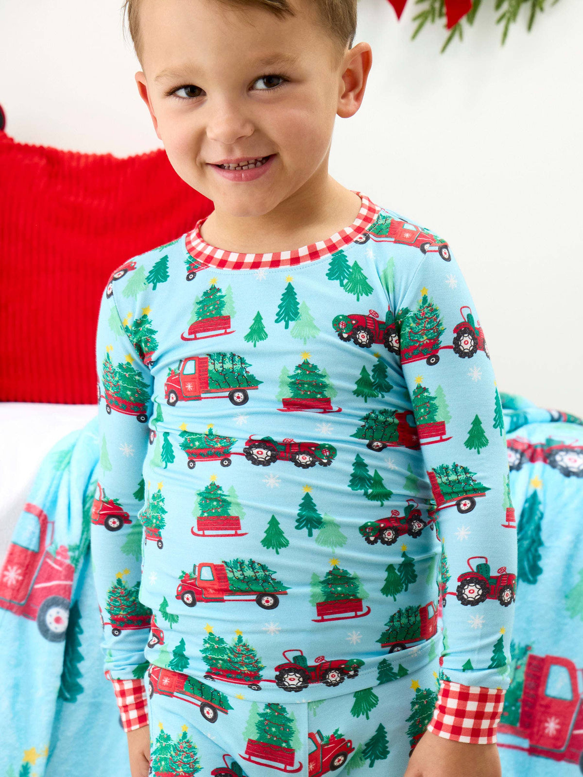 SoftSnooze™ Kids Bamboo Viscose Christmas Tree Farm Trucks Long Sleeve Pajama Set