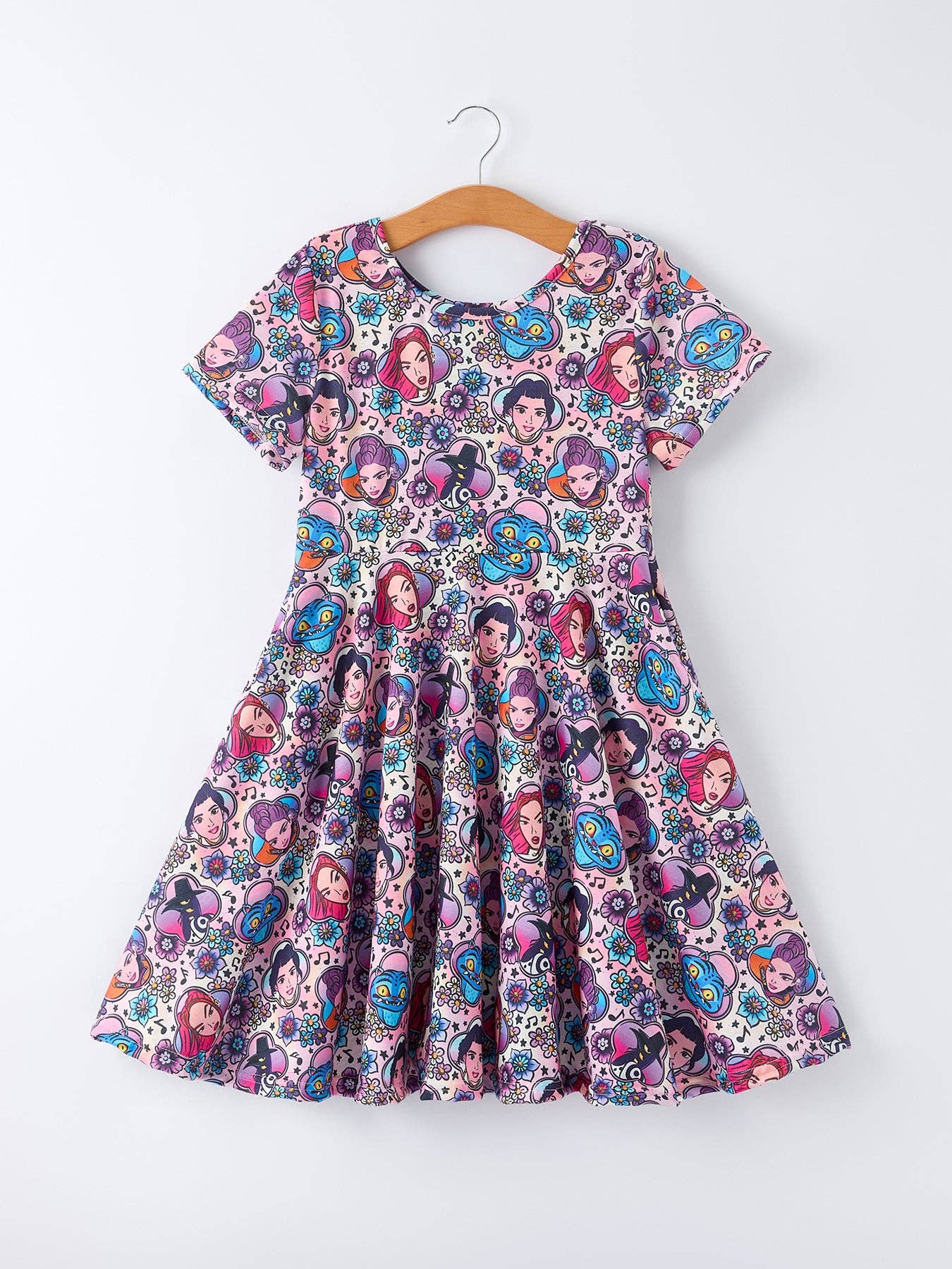 Purple Characters Print Short Sleeve Girls Dress
