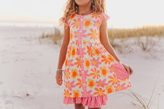 Pink & Tangerine Retro Flower Check Pocket Dress