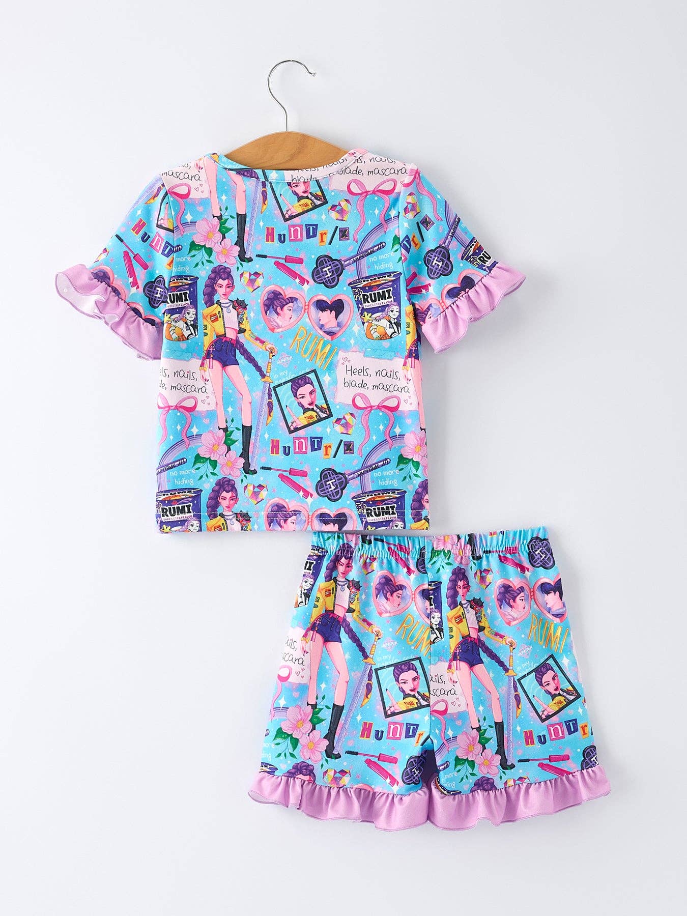 (ETA 3/12/26) Blue Girl Print Top And Ruffle Shorts Set