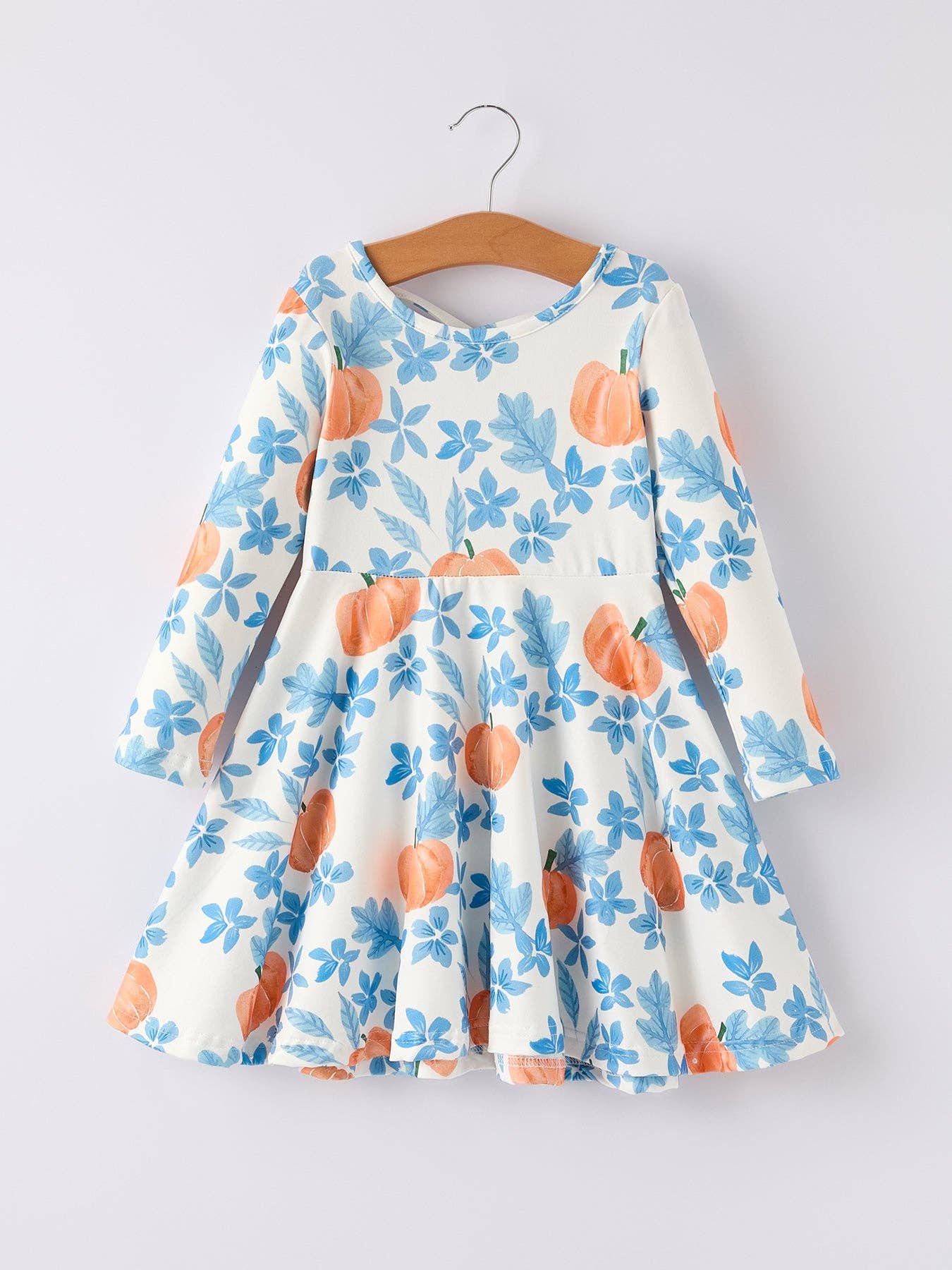 Pumpkin Blue Floral Print Long Sleeve Dress