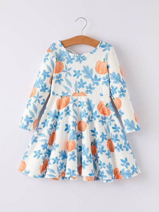Pumpkin Blue Floral Print Long Sleeve Dress