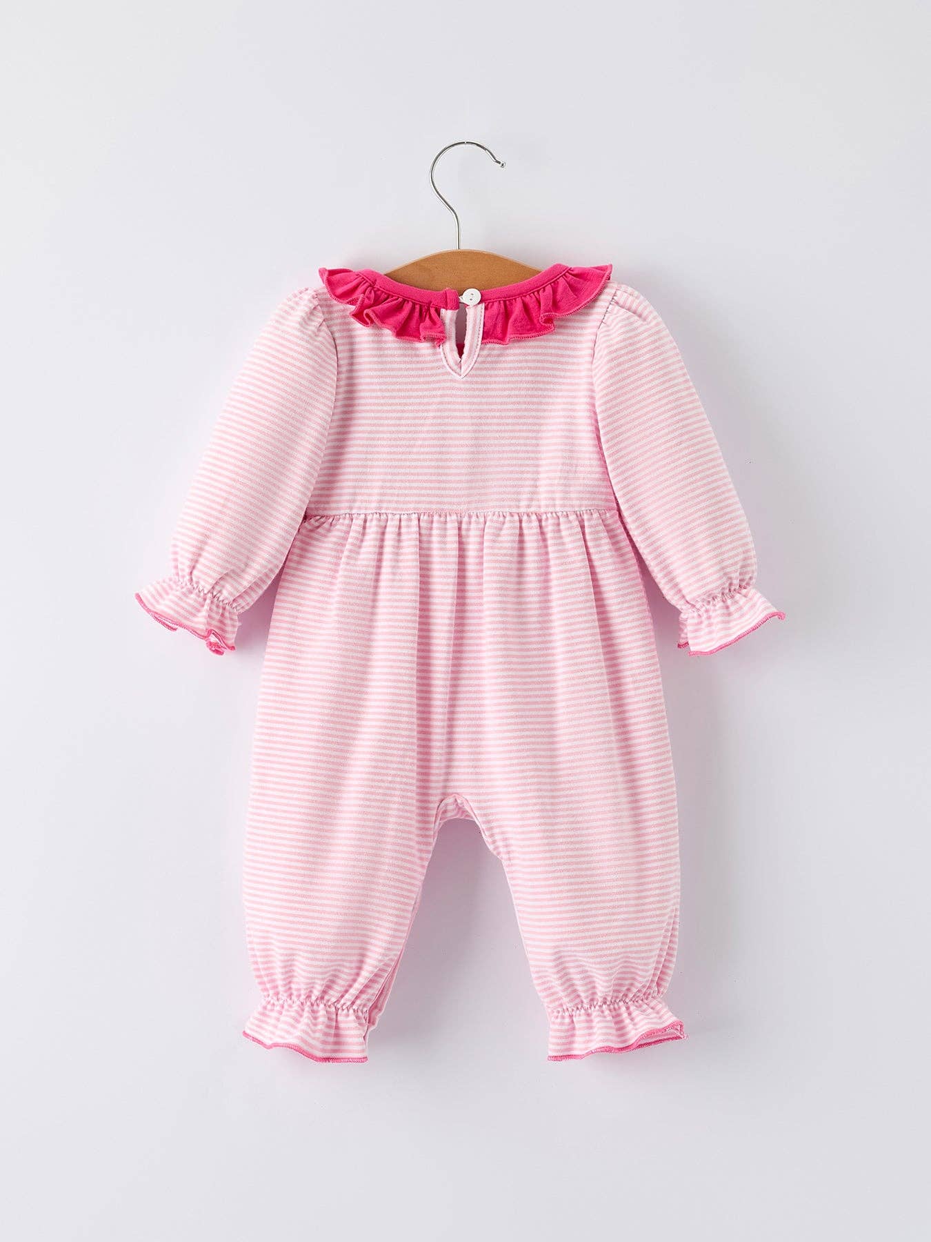 Christmas Santa Applique Striped Baby Girls Romper with Red Ruffle Trim