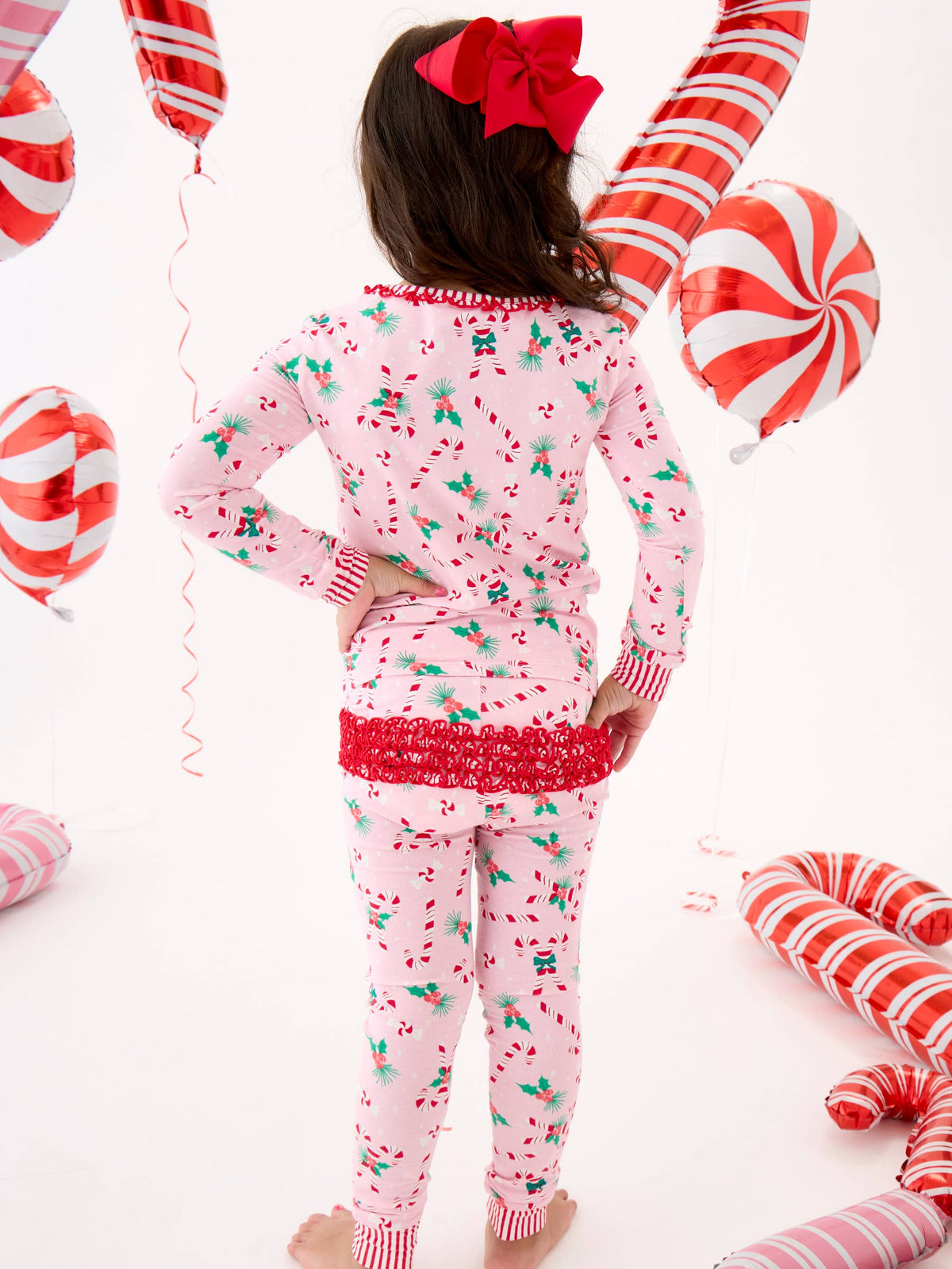 SoftSnooze™ Toddler Girls Cotton Modal Holly Candy Canes Christmas Ruffle Long Sleeve Pajama Set with Signature Rear Ruffles