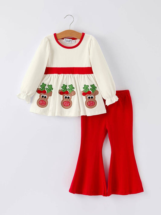 Christmas Reindeer Applique Long Sleeve Top and Flared Pants Set