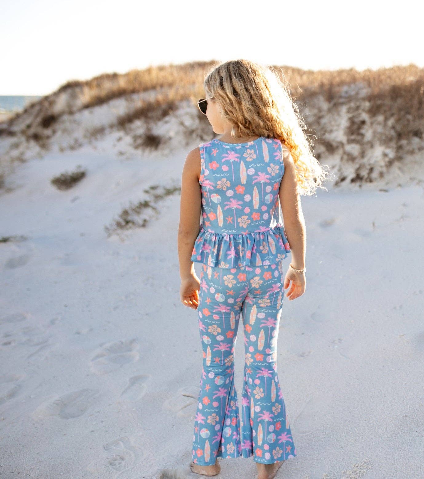 Dusty Blue & Pink Summer Surf Print Flare Pant Set