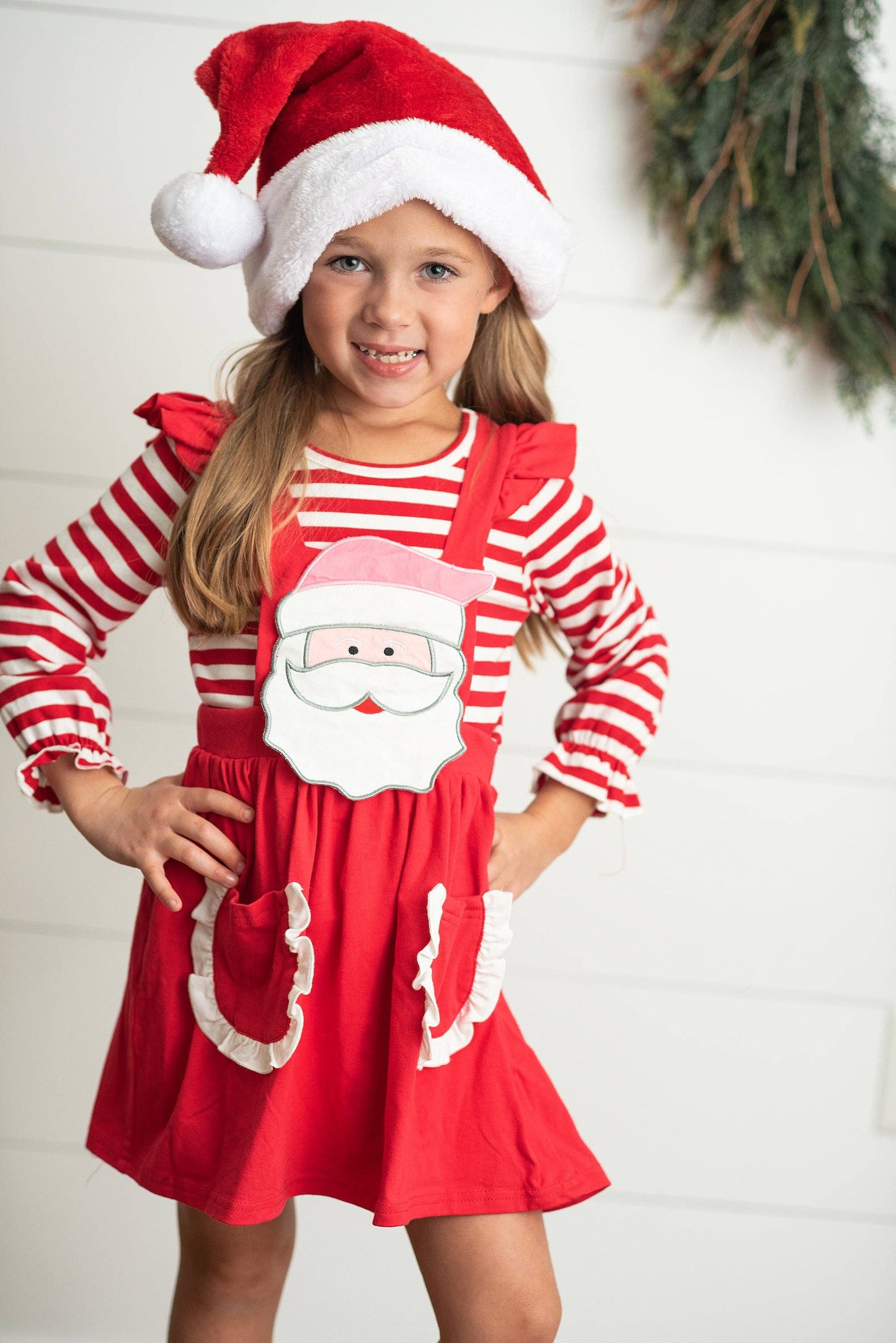 Striped Santa Ruffle Pocket Pinafore Christmas Set