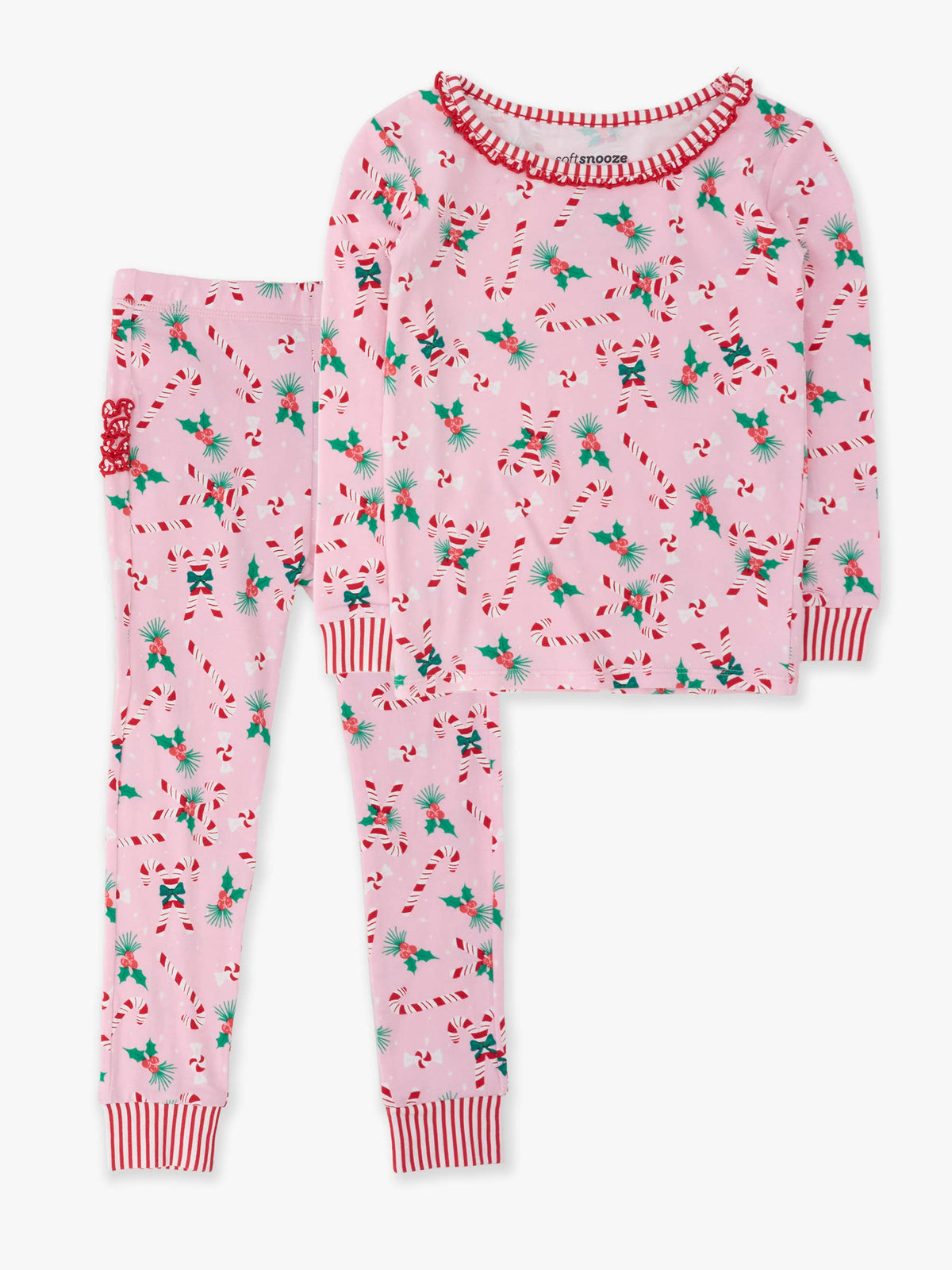 SoftSnooze™ Toddler Girls Cotton Modal Holly Candy Canes Christmas Ruffle Long Sleeve Pajama Set with Signature Rear Ruffles