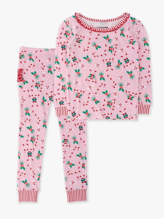 SoftSnooze™ Toddler Girls Cotton Modal Holly Candy Canes Christmas Ruffle Long Sleeve Pajama Set with Signature Rear Ruffles