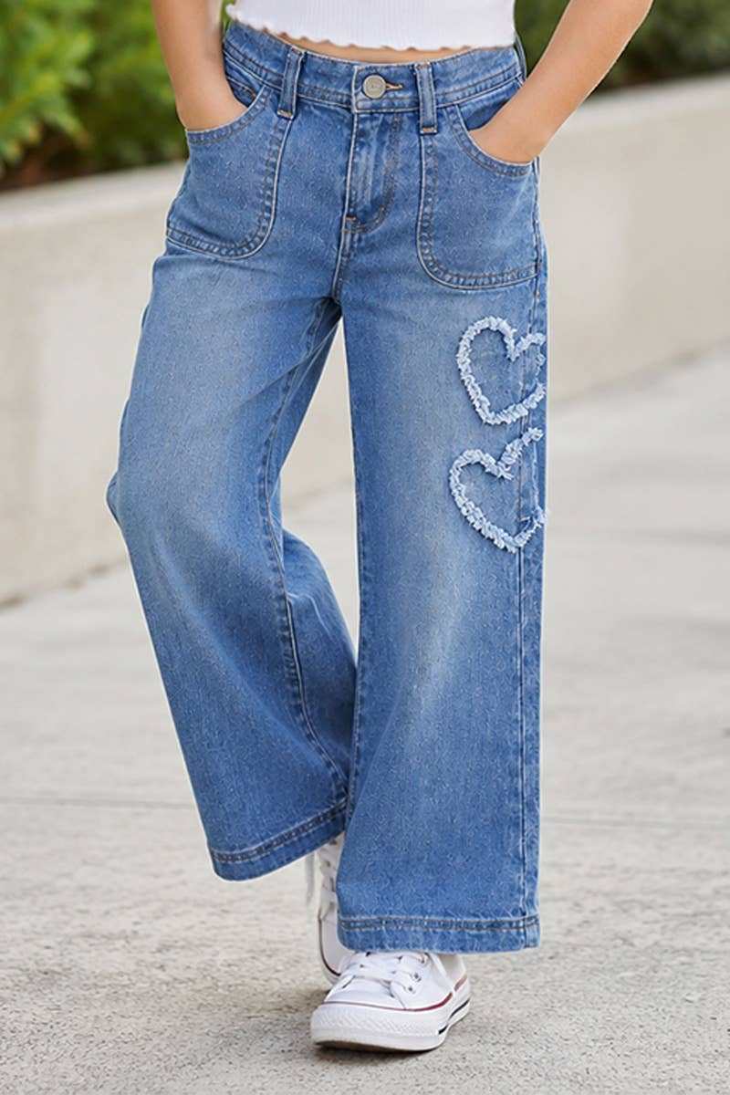 Girl's Wide Leg Denim Jean w/ Heart Appliques