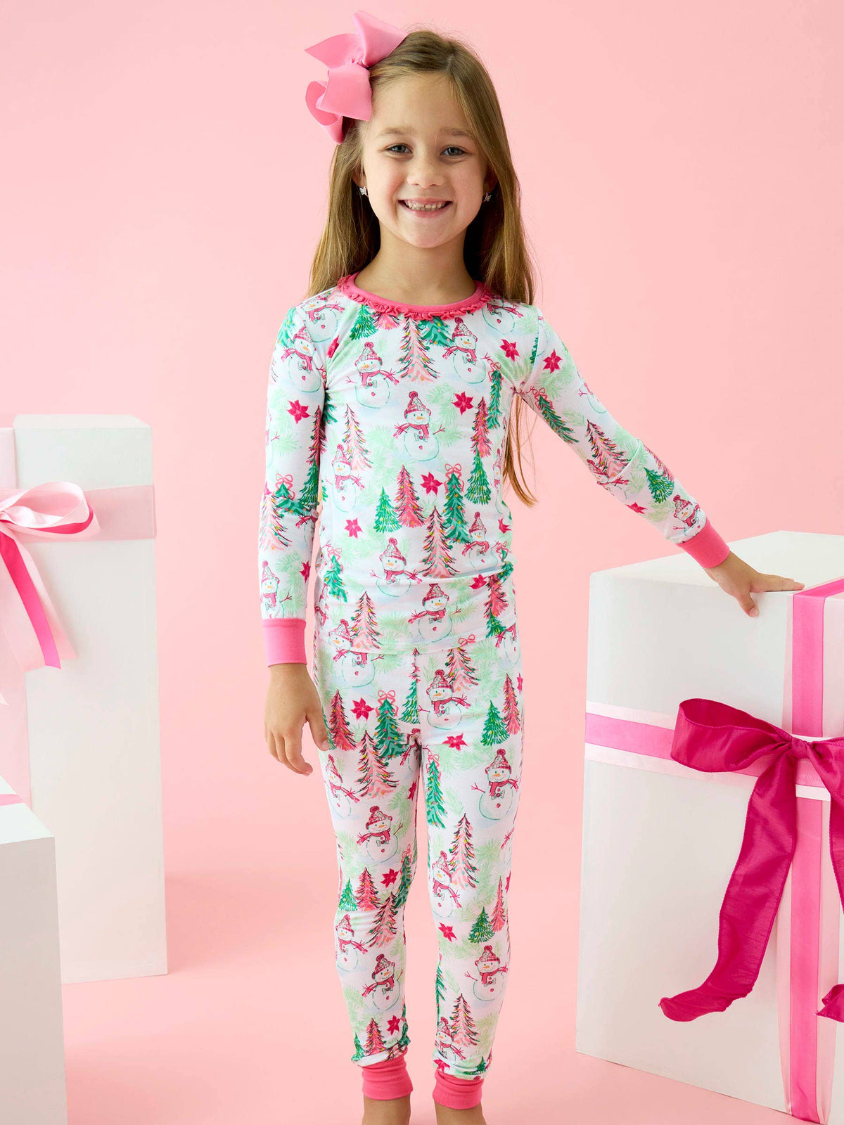 SoftSnooze™ Girls Bamboo Viscose Pink Snowman Grove Ruffle Long Sleeve Pajama Set