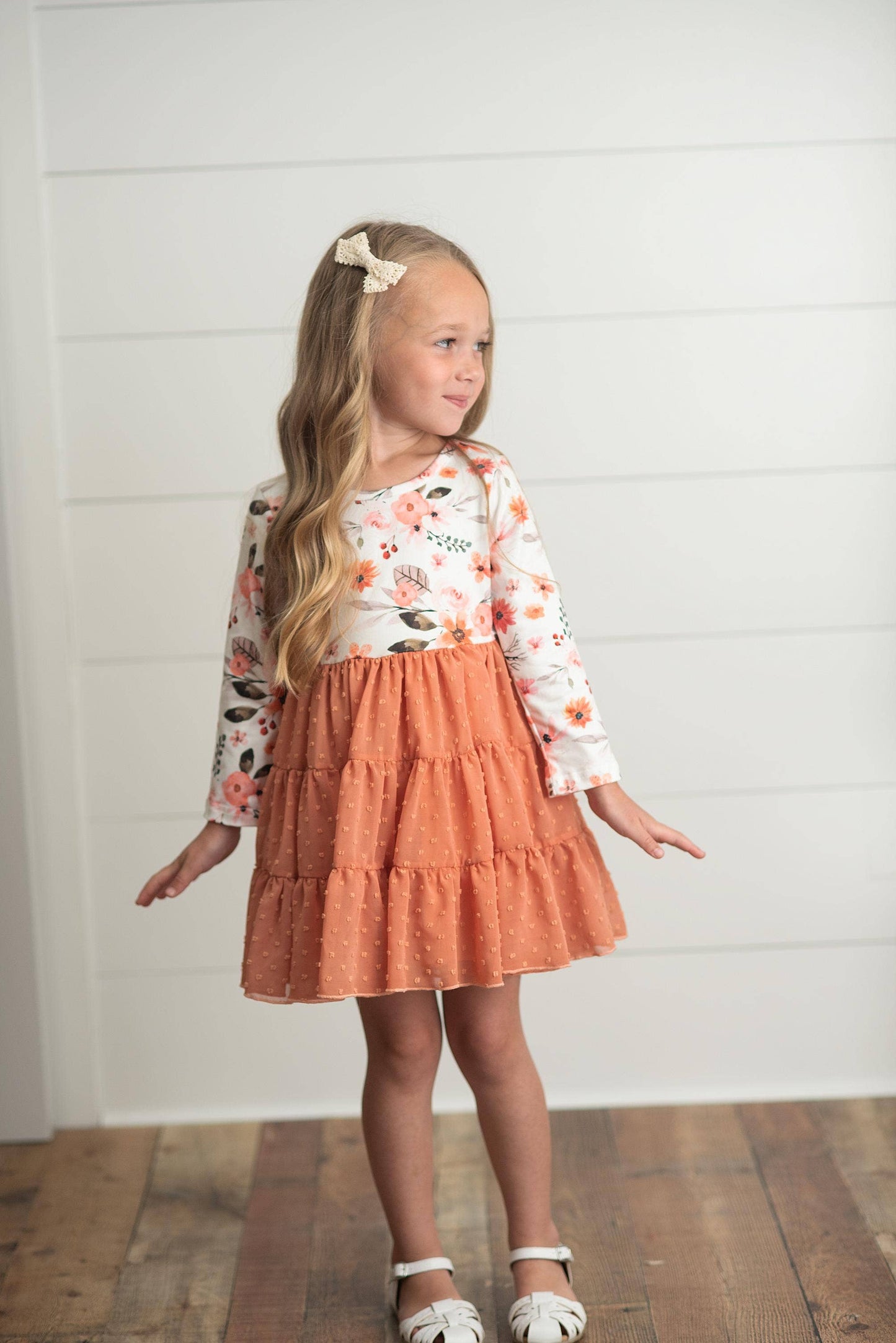 Rust Floral Print Swiss Dot Tulle Fall Autumn Dress