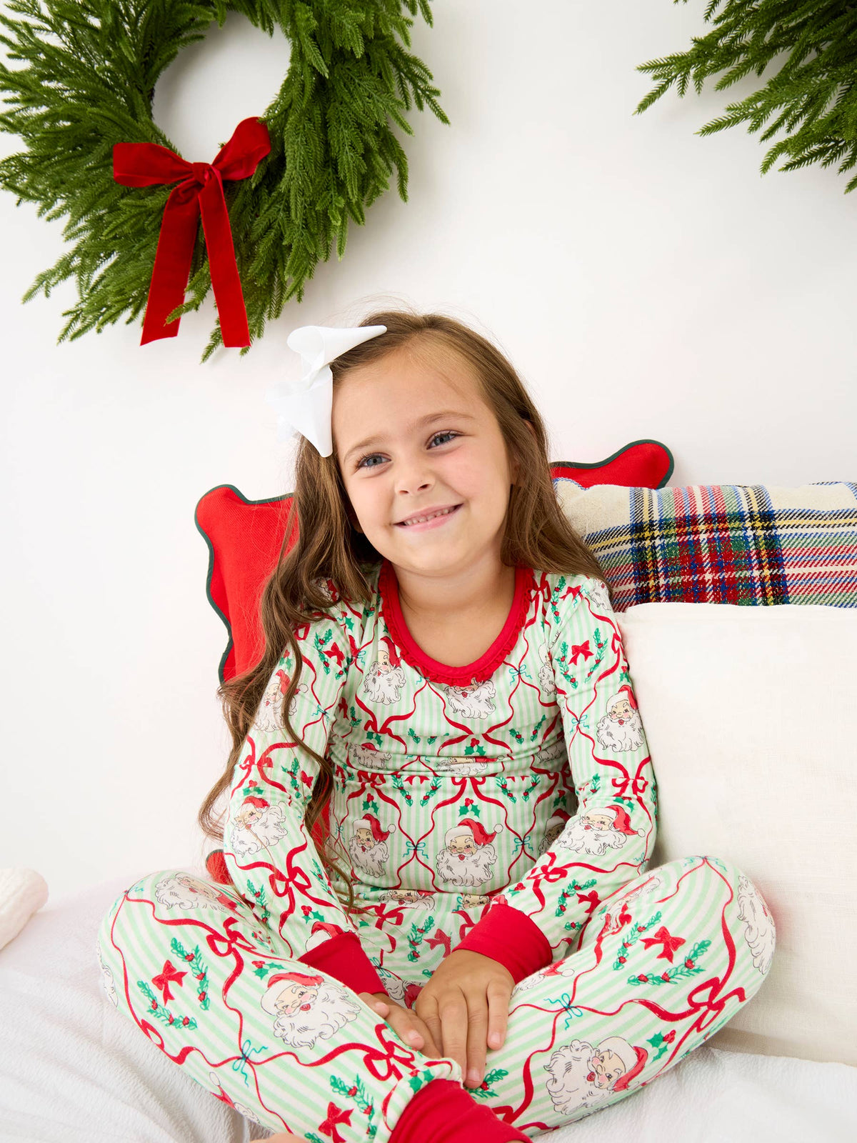 SoftSnooze™ Toddler Girls Bamboo Viscose Dear Santa Green Stripe Christmas Ruffle Long Sleeve Pajama Set with Signature Rear Ruffles