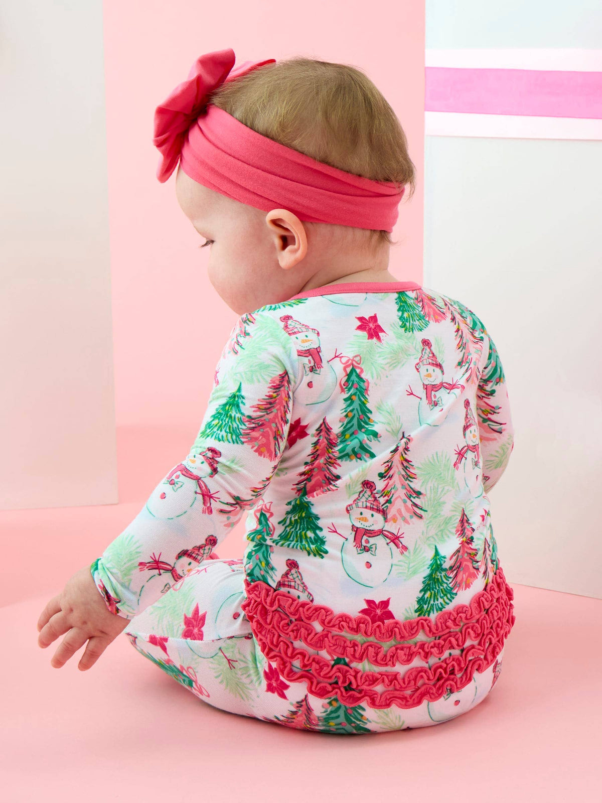 SoftSnooze™ Baby Girls Bamboo Viscose Pink Snowman Grove Footed Ruffle One Piece Pajama