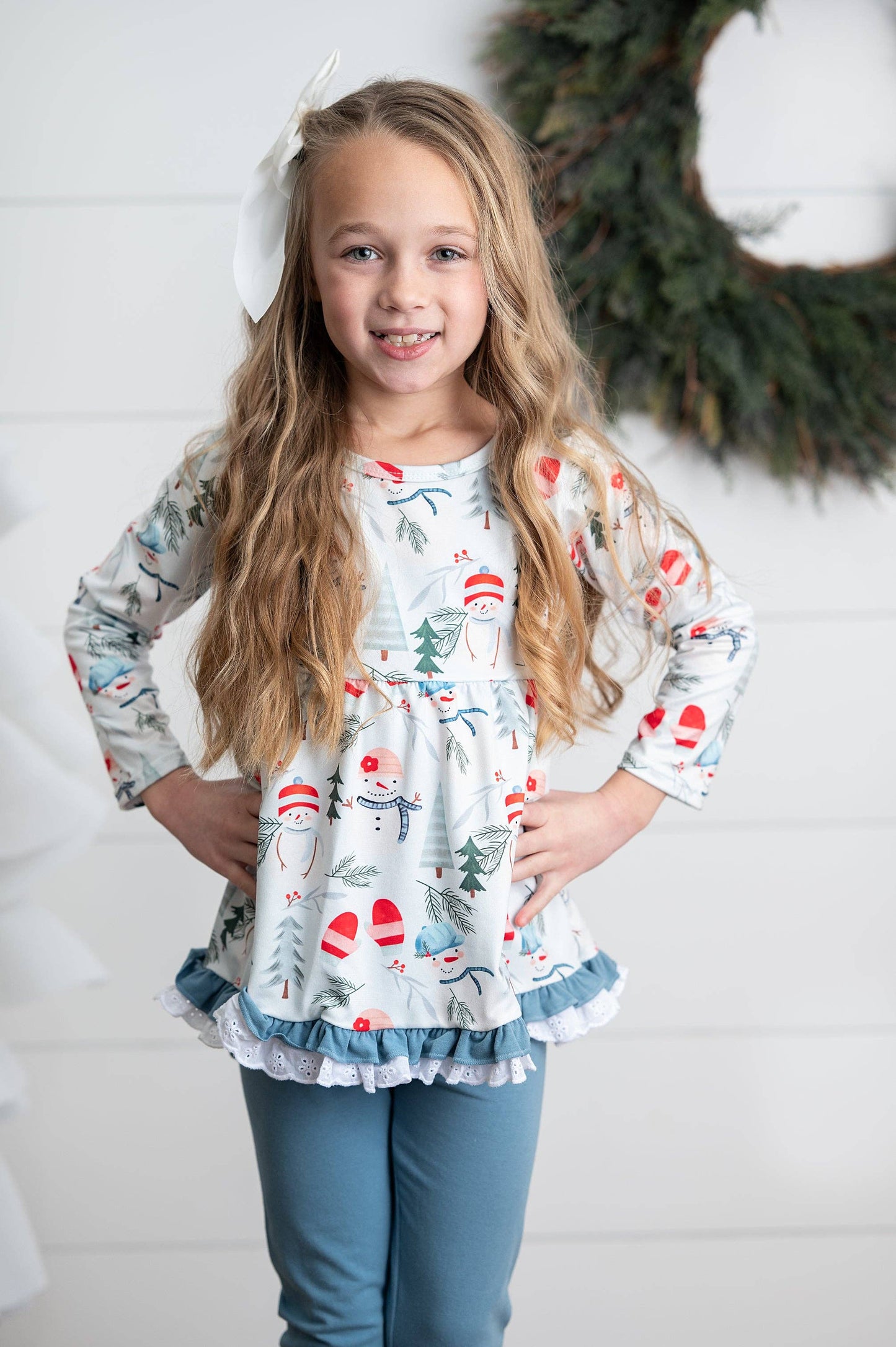 Snowman Lace Ruffle Pocket Winter Holiday Pant Set