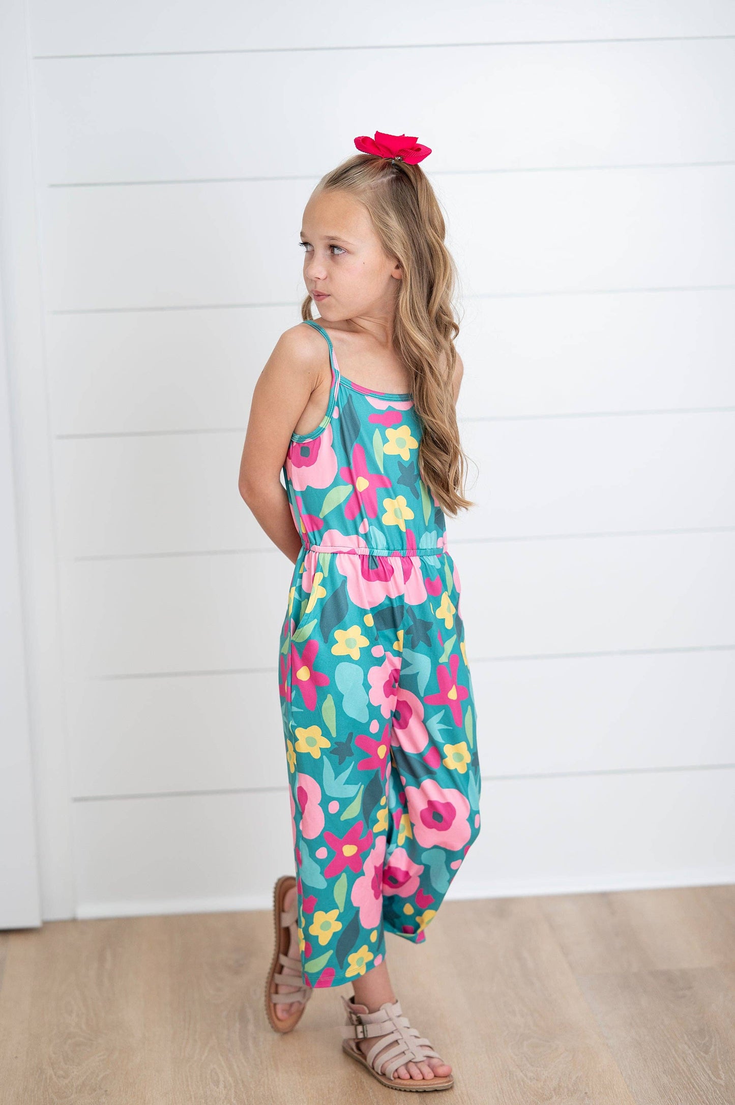 Millie Bright Pink Green Floral Jumpsuit With Pockets