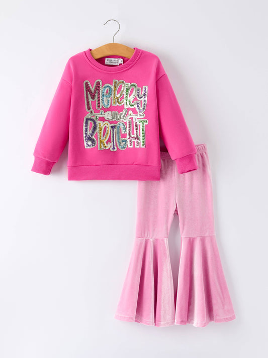Girls Christmas Outfit – Pink Merry Bright Top and Bell Pants