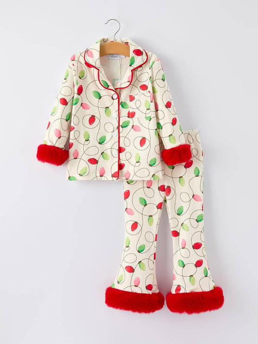 Christmas Lights Print Pajamas Set with Red Furry Trim Long Sleeve Top and Pants