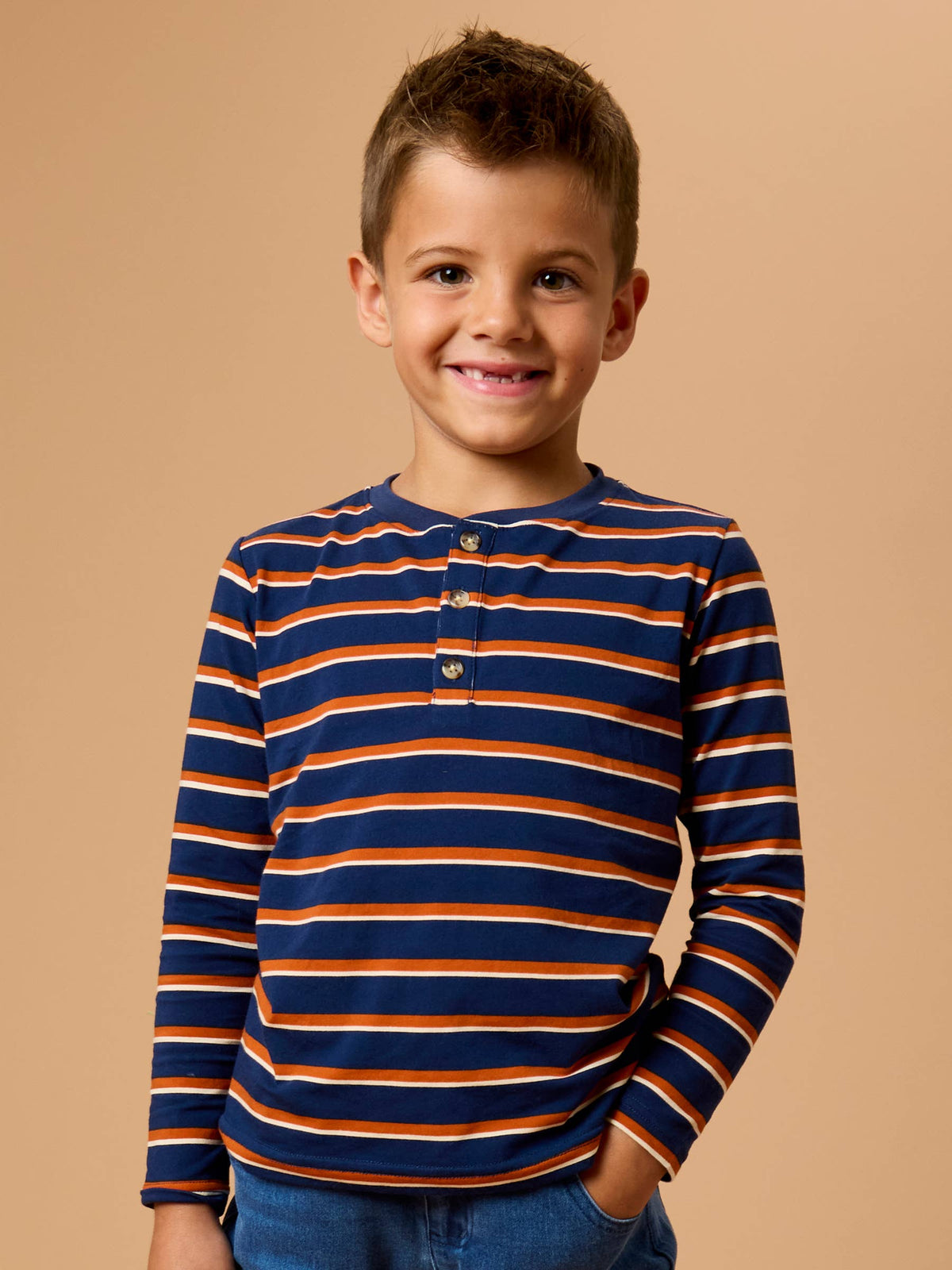Boys Dark Navy & Rust Stripe Knit Long Sleeve Henley Tee