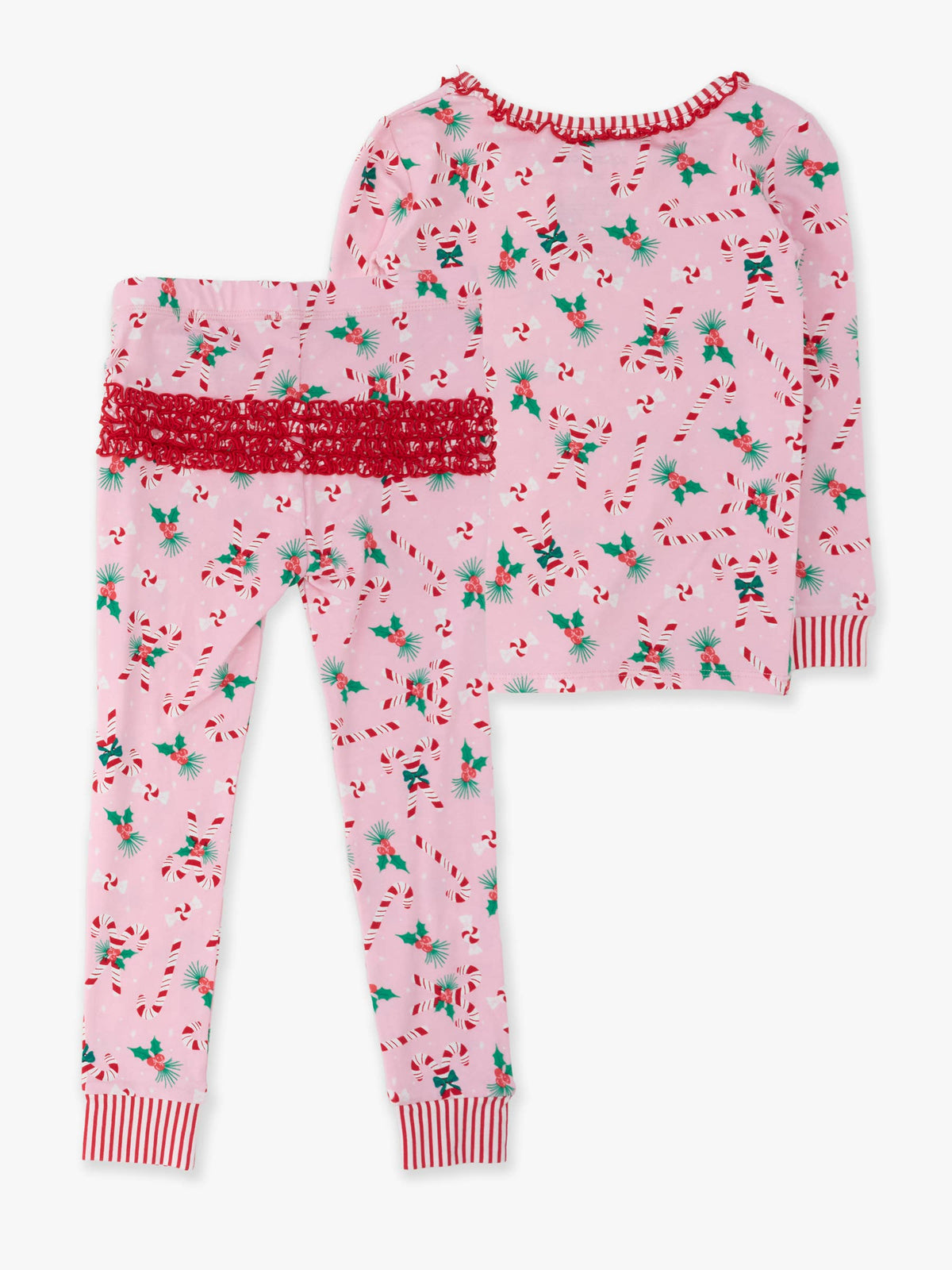 SoftSnooze™ Toddler Girls Cotton Modal Holly Candy Canes Christmas Ruffle Long Sleeve Pajama Set with Signature Rear Ruffles
