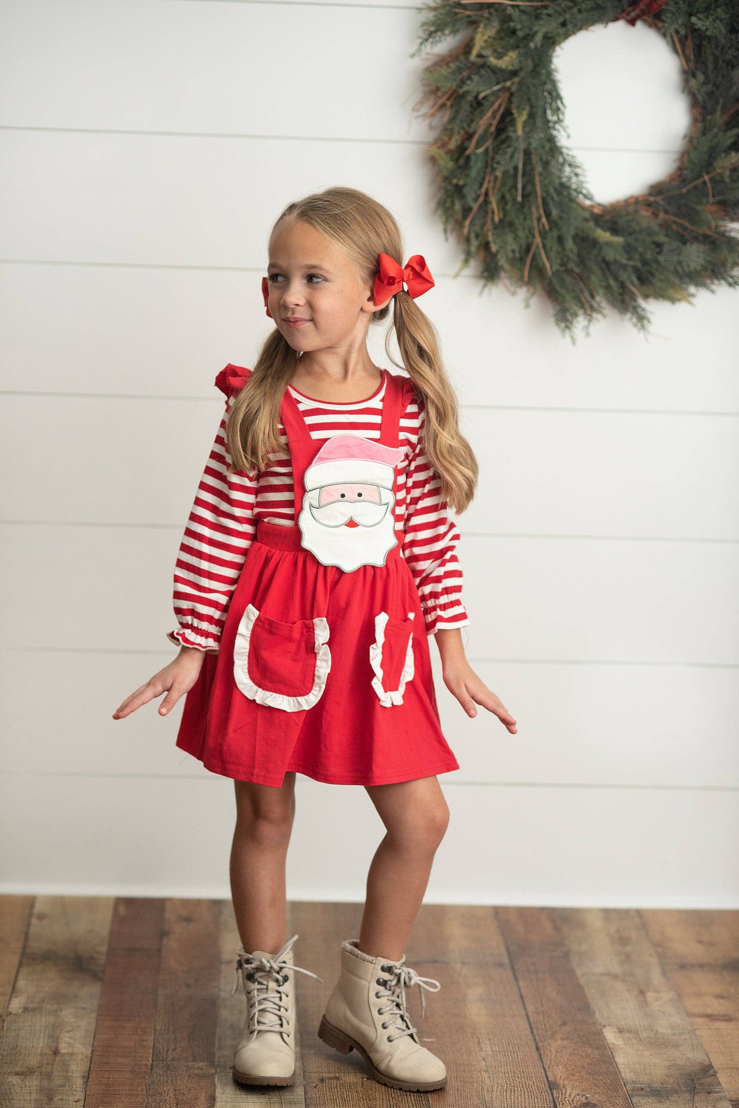 Striped Santa Ruffle Pocket Pinafore Christmas Set