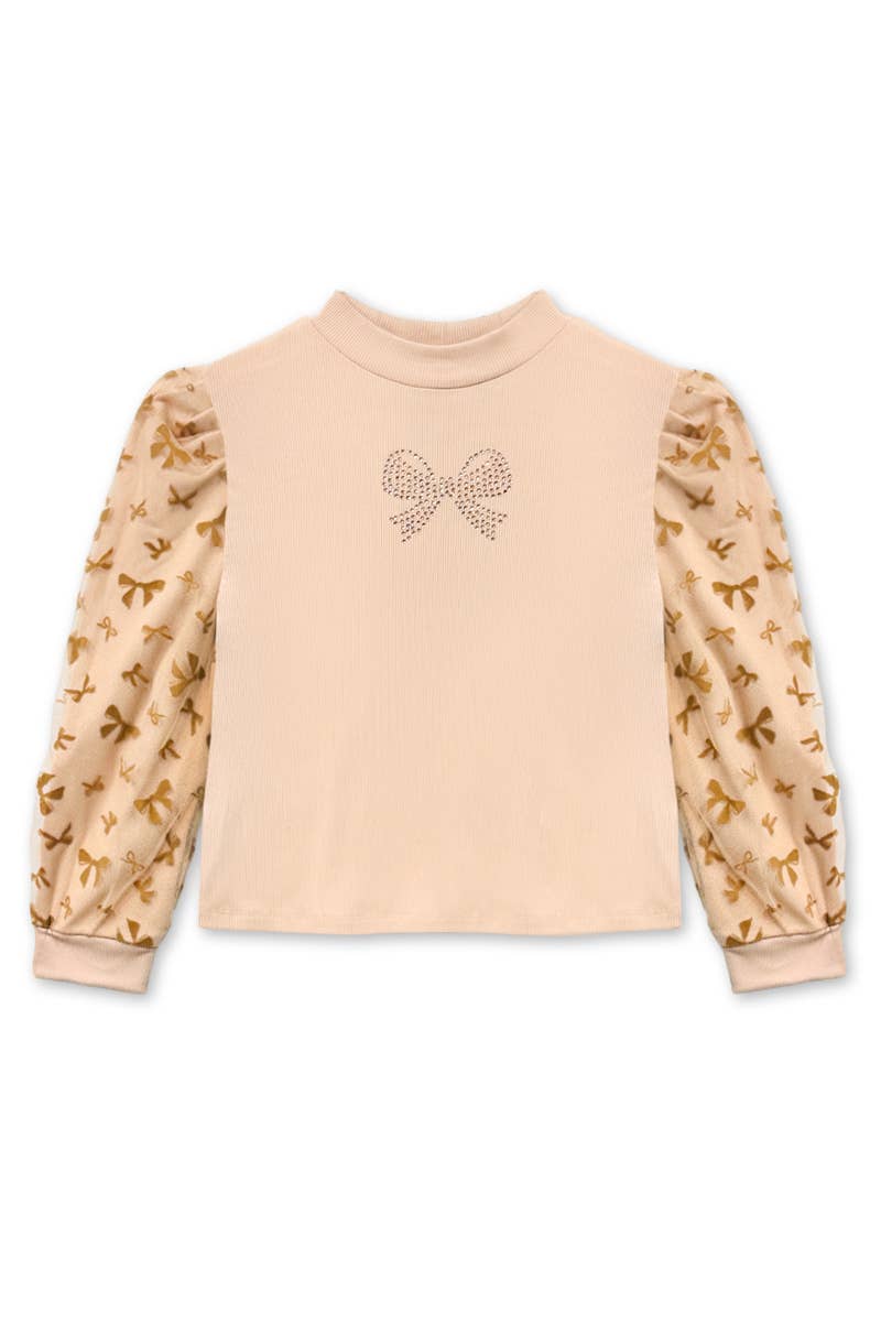 GKT-3514B Girls Long Sleeve Bow Print Top W/ Bow Rhinestone