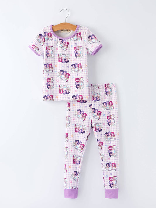 Purple Plaid Print Short Sleeve Girl Pajama Set